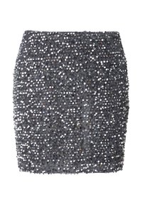Mini-jupe gris foncé, densément recouverte de petits sequins argentés brillants, créant une surface texturée scintillante.
