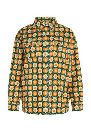 Koszula flanelowa z całkowitym wzorem pomarańczowych i kremowych kwiatów na ciemnozielonym tle; dwa kieszenie na piersiach, zapięcie na guziki.