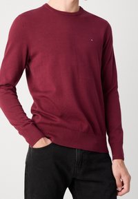 Mann trägt einen burgunderfarbenen Rundhals-Pullover mit kleinem Logo auf der Brust und schwarze Jeans, eine Hand in der Tasche.