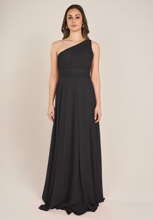 Vestido de noche negro de un solo hombro con corsé texturizado, cinturilla estrecha, falda fluida y tejido suave, llegando a la longitud del suelo.