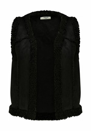 Veste noire avec bordure en matière pelucheuse, ouverture sur le devant et design sans manches. Présente un intérieur doux et des bords en tissu contrastant.