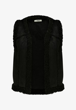 Veste noire avec bordure en matière pelucheuse, ouverture sur le devant et design sans manches. Présente un intérieur doux et des bords en tissu contrastant.
