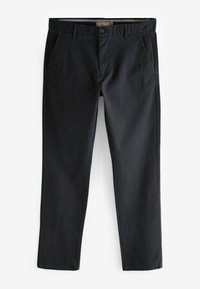 Schwarze Baumwollhosen mit geradem Bein, ausgestattet mit Gürtelschlaufen, Fronttaschen und einem Reißverschluss mit Knopfverschluss.