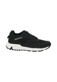 Black athletic shoe with textured fabric upper and white sole. Features a rounded toe, lacing system, and side branding "SWEDEMOUNT."