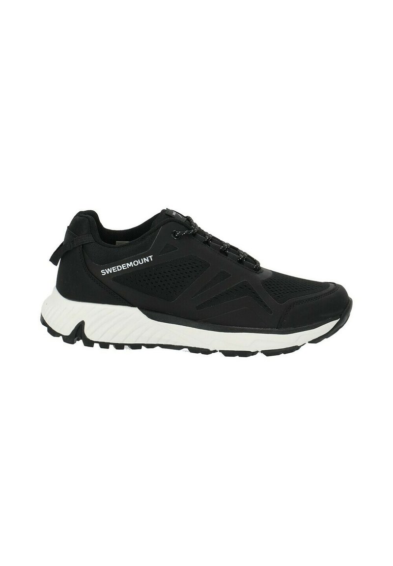 Black athletic shoe with textured fabric upper and white sole. Features a rounded toe, lacing system, and side branding "SWEDEMOUNT."