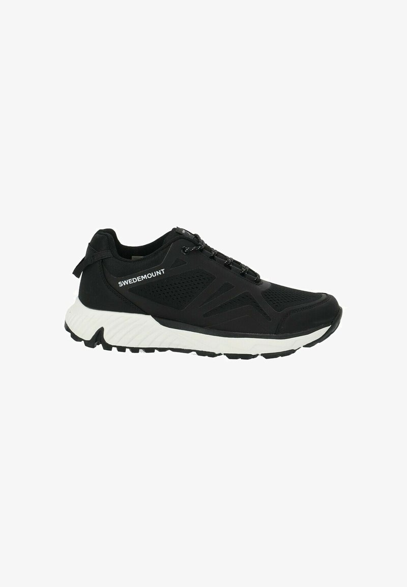 Black athletic shoe with textured fabric upper and white sole. Features a rounded toe, lacing system, and side branding "SWEDEMOUNT."