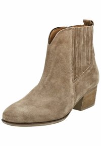 Braune Wildleder-Ankle Boots mit leicht spitz zulaufender Zehenpartie, elastischen seitlichen Einsätzen, vertikalen Nähakzenten und einem niedrigen Holzblockabsatz.