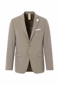 Lichtbeige blazer van textured stof. Beschikt over een notch lapel, twee knopen en een witte zakdoek met een decoratieve reversspeld.