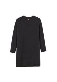 Robe noire à manches longues en tissu doux. Dotée d'un col rond, de manches à poignets et d'un bouton d'accent subtil à l'arrière.