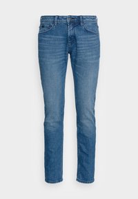 Herrarslanka jeans i slim fit i blått med bleknad framtill, femfickmodell, knapp- och dragkedjestängning, uppvisade mot en vit bakgrund.