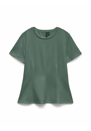 Damska ciemnozielona koszulka z krótkim rękawem i okrągłym dekoltem, z lekko rozszerzanym dołem, pokazana na płasko na białym tle.
