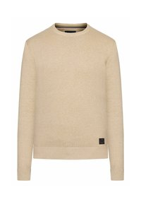 Beige Sweatshirt mit klassischem Rundhalsausschnitt, gerippten Bündchen und Saum. Mit einem kleinen Markenlabel auf der linken unteren Seite. Weiche Textur.