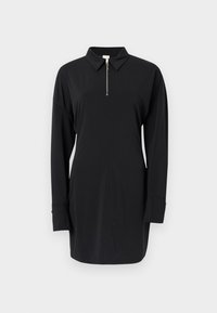 Μαύρο μακρυμάνικο φόρεμα με γιακά και κλείσιμο με μισό φερμουάρ. Λεία υφή και άνετη εφαρμογή, με μανσέτες με κουμπιά και ίσια τελείωμα.