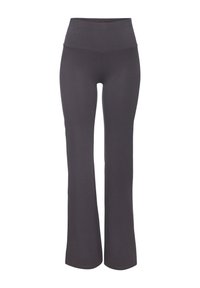 High-waisted flared pants in dark gray fabric, featuring a smooth texture and a fitted top transitioning to a wider leg at the hem.