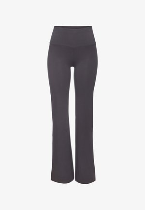 Hoch geschnittene, ausgestellte Hose aus dunkelgrauem Stoff mit einer glatten Textur und einem taillierten Oberteil, das zum Knöchel hin zu einem weiteren Bein übergeht.