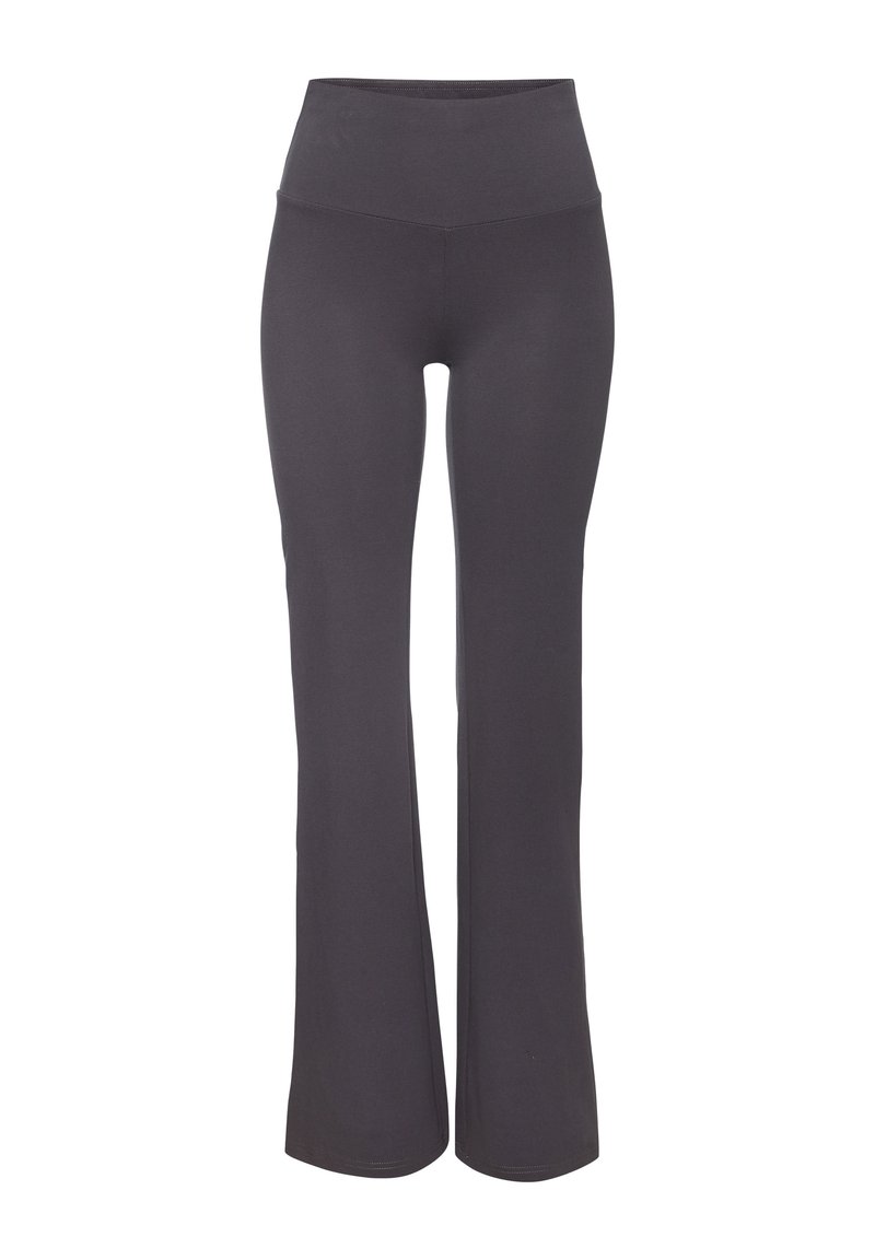 High-waisted flared pants in dark gray fabric, featuring a smooth texture and a fitted top transitioning to a wider leg at the hem.
