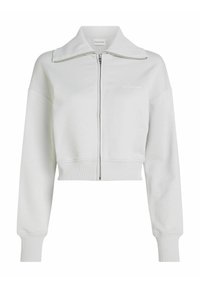 Ljusgrå kort zip-jacka med bred krage, ribbade ärmslut och nederkant. Har diskret branding på bröstet och en slät tygstruktur.