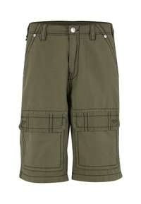 Olíva zöld cargo sort tartós anyagból, két nagy első zsebbel, kontrasztos varrással és egyenes szabással.