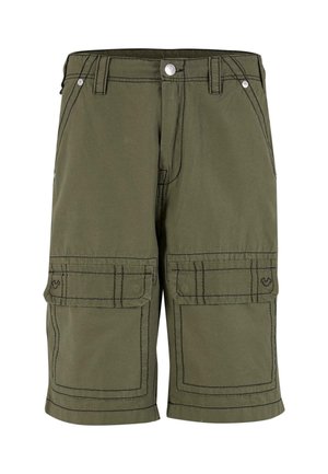 Olivově zelené cargo šortky vyrobené z odolné tkaniny, s dvěma velkými předními kapsami, kontrastním šitím a rovným střihem.