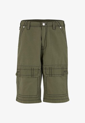 Olivnozeleni cargo kratke hlače iz trpežnega materiala, z dvema velikima sprednjima žepoma, kontrastnim šivanjem in ravno krojem.