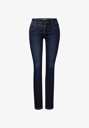 Dunkelblaue Jeans aus Denim, mit schlanker Passform, fünf Taschen-Design und kontrastierenden goldenen Nähten entlang der Nähte und Taschen.