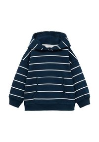 Námořnická pruhovaná mikina s kapucí vyrobená z měkkého materiálu, s klokankovou kapsou, nastavitelnou kapucí a bílými vodorovnými pruhy. Design s uvolněným střihem.