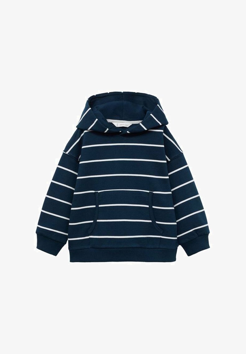 Námořnická pruhovaná mikina s kapucí vyrobená z měkkého materiálu, s klokankovou kapsou, nastavitelnou kapucí a bílými vodorovnými pruhy. Design s uvolněným střihem.