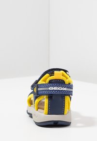 Modré a žluté sandály s nastavitelným popruhem, texturovanou podrážkou a prodyšnými materiály. Obsahují logo a kontrastní detaily šití.