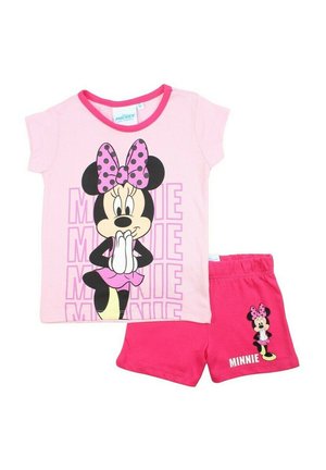 Set di maglietta a maniche corte rosa e pantaloni abbinati per bambini, con Minnie Mouse che indossa un fiocco rosa a pois e la scritta "MINNIE".