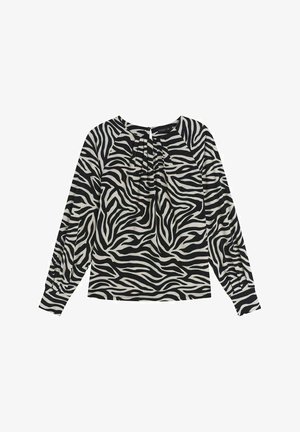 Pitkähihainen paita, jossa on musta-valkoinen seepra-kuvio, poimutettu kaula-aukko ja rento istuvuus. Valmistettu pehmeästä, kevyestä kankaasta.