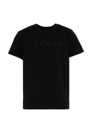 T-shirt nera a maniche corte con testo in rilievo sottile "John Richmond" sul petto, con scollatura rotonda.
