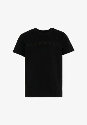 Czarna koszulka z krótkim rękawem z subtelnym tłoczonym napisem „John Richmond” na piersi, z okrągłym dekoltem.