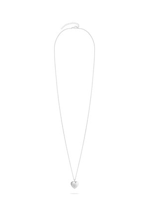 Silberkette mit herzförmigem Anhänger, der ein zentrales Sternmotiv aufweist. Die Kette ist filigran und hat eine polierte Oberfläche.