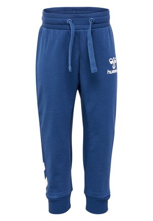 Blauwe joggingsbroek van een zachte katoenmix, voorzien van een elastische tailleband met trekkoord, geribde manchetten en een wit logo aan de voorkant.