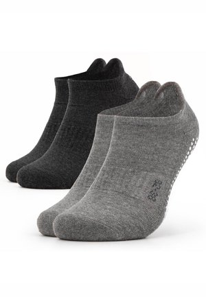 Two pairs of low-cut socks, one dark gray and one light gray with grip dots on the sole, arranged side by side on a white background.