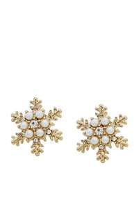 Guldtonade snöflingeörhängen har pärlprydnader och små rhinestones, noggrant utformade med ett texturerat lövmönster.