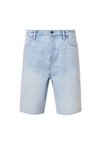 Shorts en denim bleu clair avec une coupe regular, design à cinq poches et une fermeture à bouton. Présente un léger délavage et un ourlet cousu.