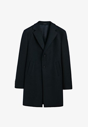 Cappotto in lana nero a lunghezza ginocchio con rever, due bottoni e tasche laterali a filetto, esposto su uno sfondo bianco.