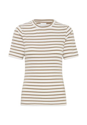 Gestreiftes T-Shirt in Weiß und Beige, kurzärmelig, mit rundem Halsausschnitt, aus weichem Baumwollstoff, mit gleichmäßig verteilten horizontalen Streifen.