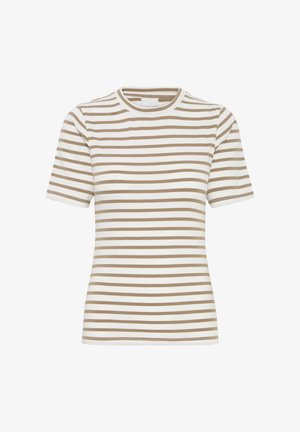 Pasywany t-shirt w kolorze białym i beżowym, z krótkimi rękawami, okrągłym dekoltem, wykonany z miękkiej bawełnianej tkaniny, z równomiernie rozmieszczonymi poziomymi paskami.