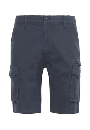 Marineblauwe cargoshorts van duurzaam katoen. Beschikken over twee zijzakken, één ritszak en een knoopsluiting bij de taille. Gladde textuur.