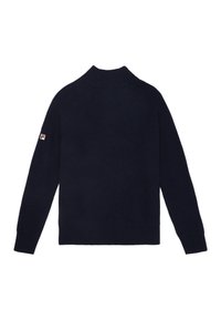 Mörkblå ribbad tröja med hög krage, lång ärm och en liten logopatch på vänster arm. Texturerat stickat tyg.