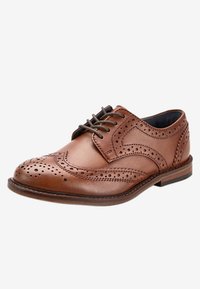 Brown leather dress shoe with a rounded toe, brogue detailing, and lace-up design. Features a smooth finish and a contrasting sole.
