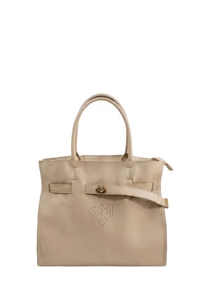 Sac à main en cuir beige avec deux poignées, une sangle avant avec une fermeture à tour dorée et un logo perforé au centre avant.