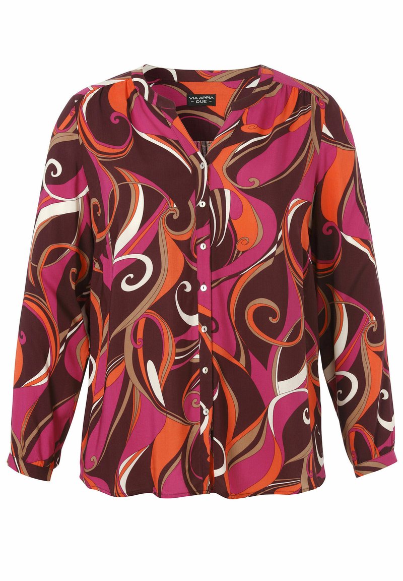 Chemise à boutons avec un motif en tourbillon multicolore de bordeaux, rose, orange et blanc. Dotée de manches longues et d'un col rond.