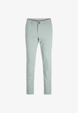 Light green cotton chinos with a straight fit, featuring a front button closure, belt loops, and side pockets. Smooth texture, no patterns.