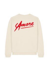 Felpa color crema con la parola ricamata "Amore" in corsivo rosso audace sul retro, con un design classico a girocollo e polsini a costine.