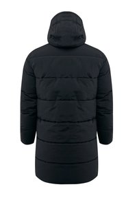 Zwarte pufferjas met een capuchon, met verticale gestikte secties, lange mouwen en een halflange stijl voor warmte en bedekking.