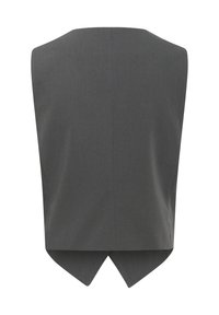 Gilet gris ajusté avec un dos plat, une silhouette cintrée et des angles marqués à l'ourlet. Texture de tissu lisse sans quincaillerie visible.