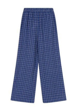 Blauwe broek met wijde pijpen, witte ruitpatroon en elastische tailleband, weergegeven tegen een effen witte achtergrond.